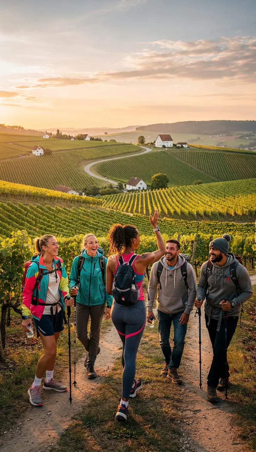 Gruppe von Reisenden bei einer geführten Wanderung entlang eines regionalen Kulturpfads in Bayern